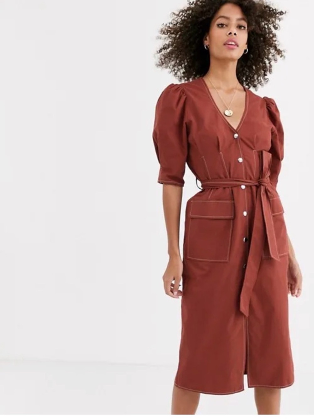 NWT ASOS DESIGN Popper Midi Dress Puff Sleeves Rust Size 10